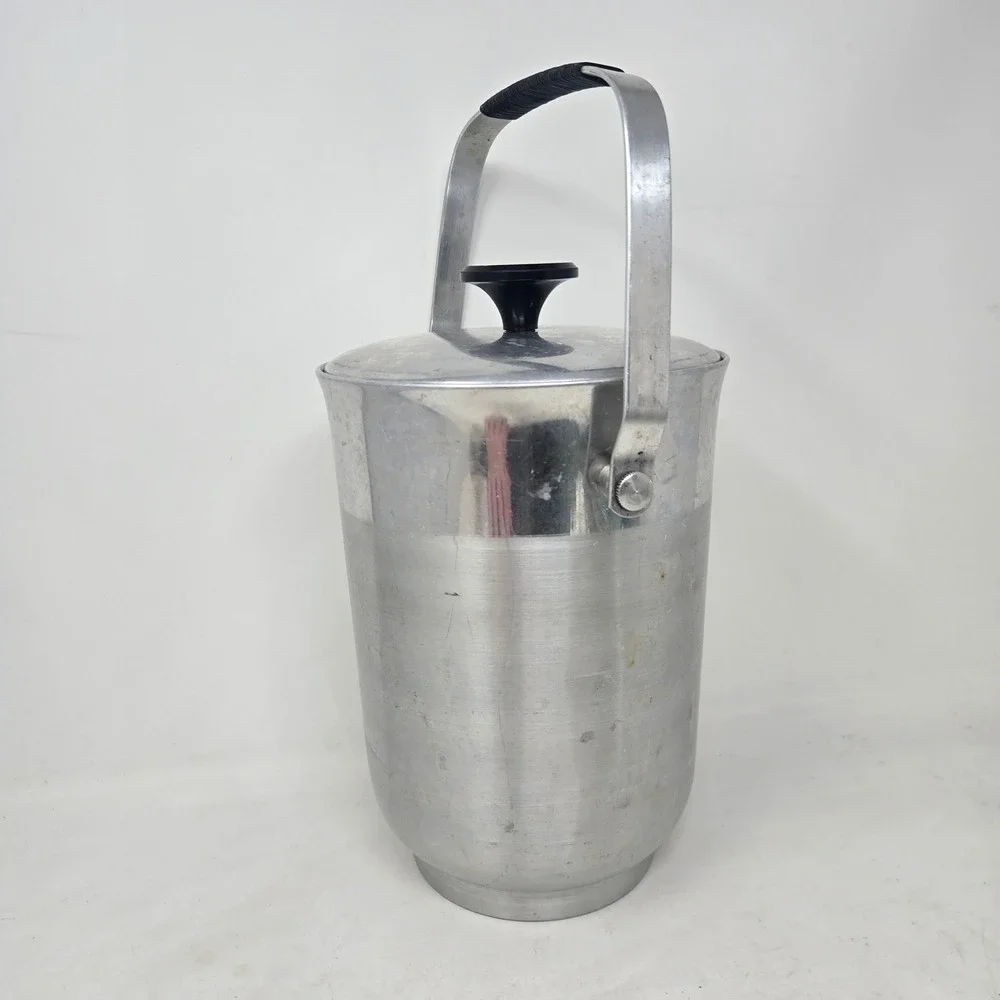Vintage B-711 Italy Brushed Aluminum Ice Bucket Mid Century Modern Barware Lid